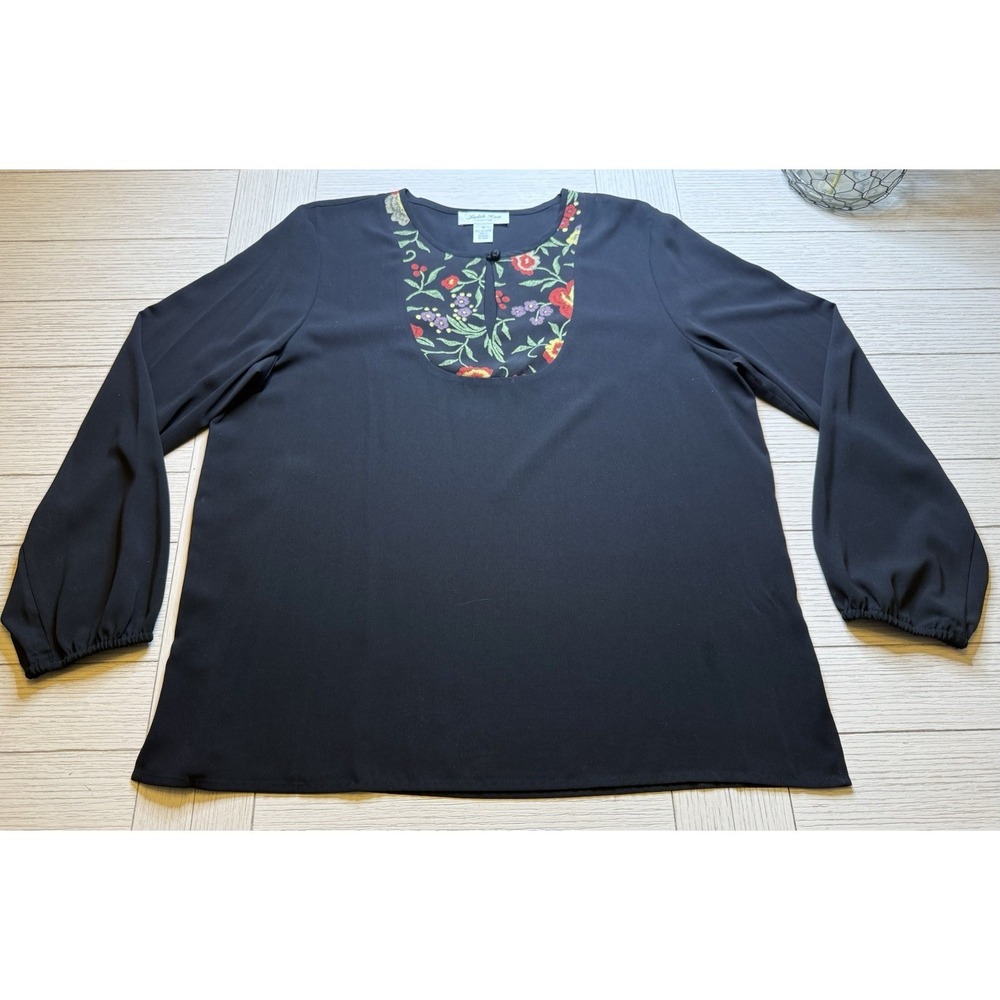 Judith Hart VTG Black Floral Embroidered Scoop Neck W Tie LS Blouse Sz 16‎ Boho